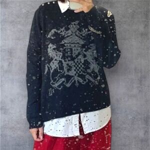 Lauren Ralph Lauren Size Med Lambswool Black Sweater w Gray Coat Of Arms VTGE 90